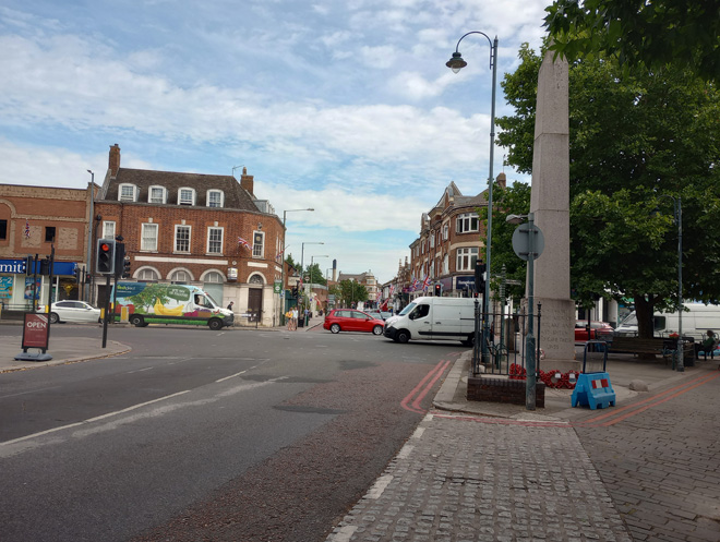 Figure 16: View looking north from Milestone Green to the junction of Sheen Lane and Upper Richmond Road West