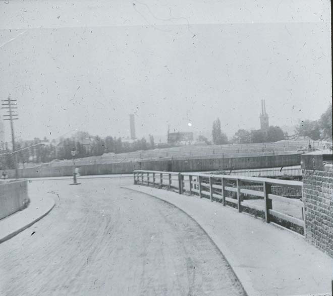 Figure 16: View from Tudor Road looking south towards the filter beds (where the Village Green is today) and Waterworks beyond in the early 20th century