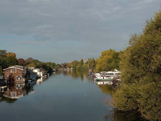 Figure 23: View looking west from Tagg's Island bridge with the tower of St Mary's Church visible in the distance