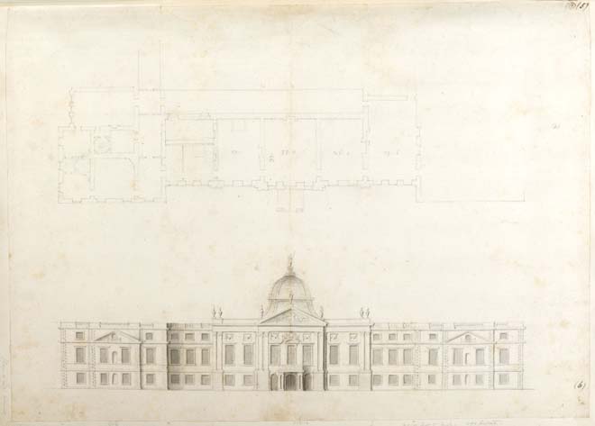 Fig. 4 Sir Christopher Wren Hampton Court Palace plan and sketch elevation for an entrance façade,1669. Sir John Soane’s Museum London