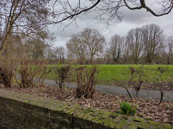 Fig. 26: The low boundary wall of Orleans Gardens with mature planting around separating it from Marble Hill Park