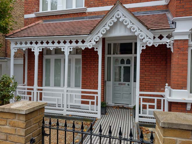 Fig. 72: Timber porches generally follow two styles, such as this geometric pattern