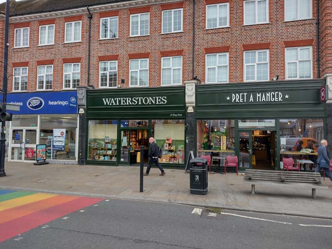 Fig. 179: Shopfronts are varied but have improved in recent years. The right two contemporary shopfronts follow traditional design principles while the left shopfront is overly modern