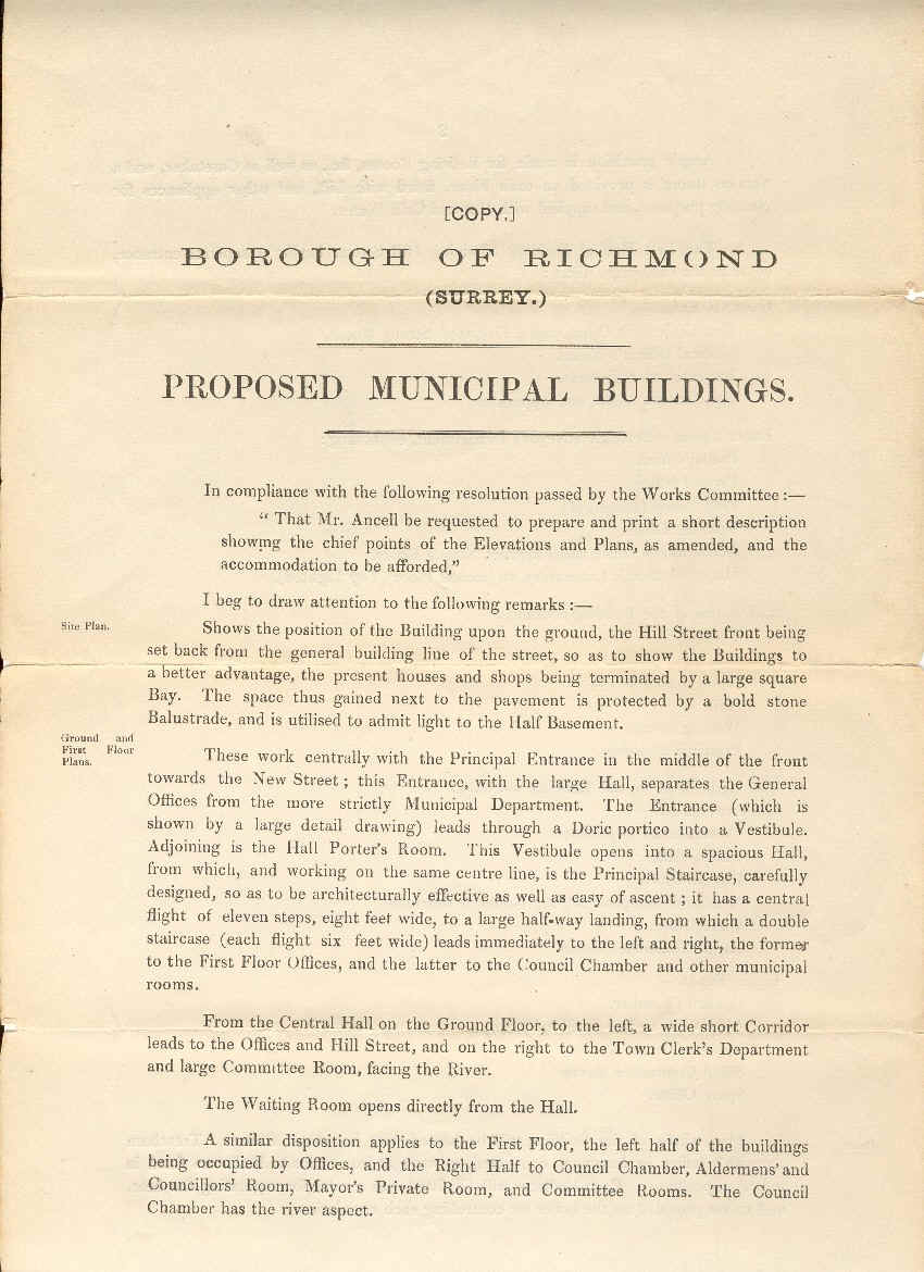 Municipal Buildings - page 1 of W.J. Ancell's proposals for Richmond Town Hall, 1889.