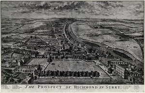 Figure 7 The Prospect of Richmond in Surry, published by Overton and Hoole in 1726, illustrating The Green, Little Green, and surrounding development.
